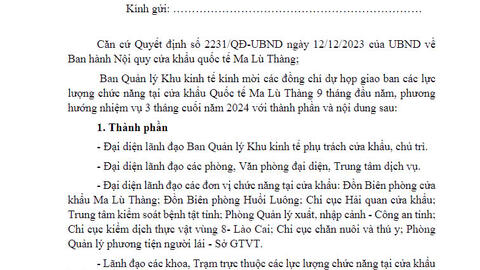 Giấy mời Họp giao ban các lực lượng chức năng tại Cửa khẩu Quốc tế Ma Lù Thàng 9 tháng đầu năm, phương hướng nhiệm vụ 3 tháng cuối năm năm 2024