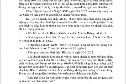 Thông báo Hoạt động Bến xe khách cửa khẩu Ma Lù Thàng